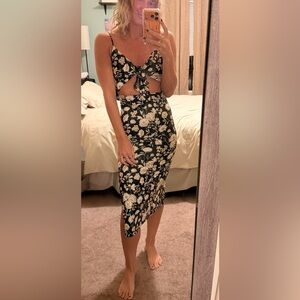 Floral Black and Cream Women's cut out midi dress